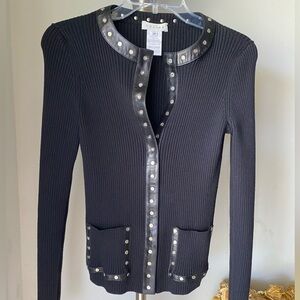 CELINE Wool Blend Ribbed Button Up Cardigan Leather Trim Studded Black Medium